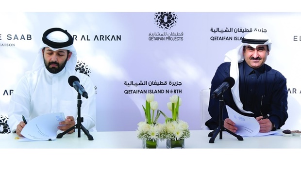 Sheikh Nasser bin Abdulrahman al-Thani, managing director, Qetaifan Projects, and Yousef al-Shelash, chairman, Dar Al Arkan Real Estate Development Company, during the signing ceremony. PICTURE: Thajudheen