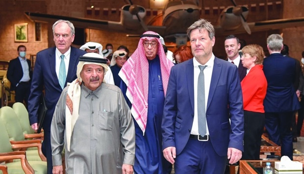 QBA Chairman HE Sheikh Faisal bin Qassim al-Thani and QBA first deputy chairman Hussain Alfardan join German Vice Chancellor and Federal Minister for Economic Affairs and Climate Action, Dr Robert Habeck, and German ambassador Dr Claudius Fischbach during a business dinner hosted by QBA at the Sheikh Faisal Bin Qassim Al-Thani Museum.