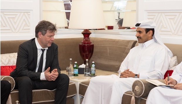 HE the Minister of State for Energy Affairs and the President and CEO of QatarEnergy Saad Sherida al-Kaabi meets with Robert Habeck, the Vice Chancellor and the Minister for Economic Affairs and Climate Action of Germany