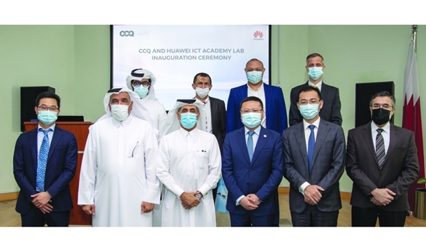 HE the Undersecretary of Ministry of Education and Higher Education Dr Ibrahim bin Saleh al-Nuaimi, CCQ president Dr Mohamed bin Ibrahim al-Naemi, Huawei Gulf North CEO Liam Zao and other officials from both sides at the ceremony.