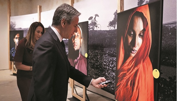 US Secretary of State Antony Blinken tours the u201cBurmau2019s Path To Genocideu201d exhibit during at the United States Holocaust Memorial Museum in Washington, DC yesterday. (AFP)