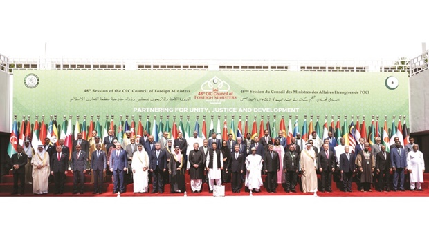 Qataru2019s Deputy Prime Minister and Minister of Foreign Affairs HE Sheikh Mohamed bin Abdulrahman al-Thani with the Pakistani Prime Minister Imran Khan (centre) and foreign ministers and representatives at the 48th session of the Organisation of Islamic Co-operation (OIC) Council of Foreign Ministers meeting held in Islamabad yesterday.