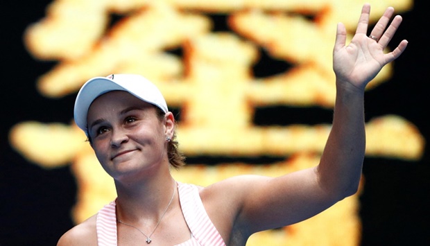  Australia's Ashleigh Barty waves to spectators after winning the match against China's Wang Yafan. File Photo 