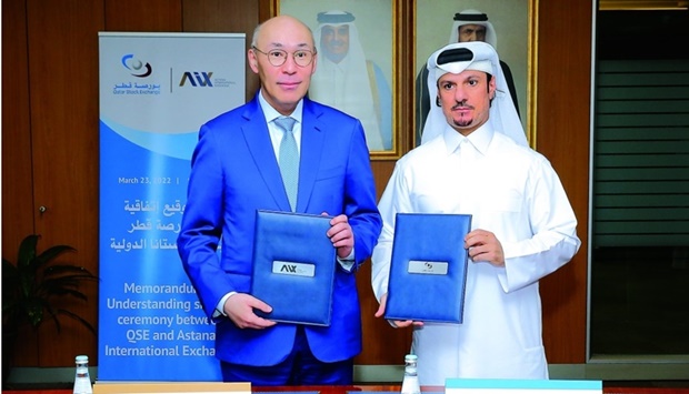The MoU was signed by QSEu2019s Marketing and Communications Director Hussein Mohamed al-Abdullah, representing QSEu2019s chief executive Tamim al-Kawari, and Renat Bekturov, chief executive of AIX.