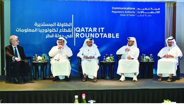 From left: Grantly Mailes, partner & associate director, Emerging Technologies; Marwan Marouf Rafiq Mahmoud, chairman and CEO of MOSECO Qatar and founding board member at Doha Tech Angels; Yosouf al-Salehi, executive director of QSTP; Nayef al-Ibrahim, founding partner and CEO at Ibtechar; and Hamad al-Hajri, co-founder and CEO of Snoonu, during the high-level panel discussion at u2018Qatar IT Roundtableu2019, organised by the CRA Wednesday. PICTURE: Noushad Thekkayil