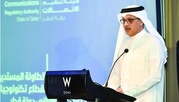 HE the Minister of Communications and Information Technology Mohamed bin Ali al-Mannai speaking at u2018Qatar IT Roundtableu2019, Wednesday by the CRA. PICTURE: Noushad Thekkayil.