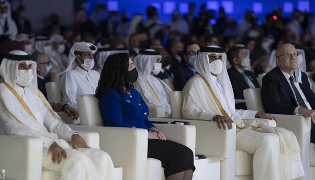 The Amir and other dignitaries at the opening session of the Doha Forum