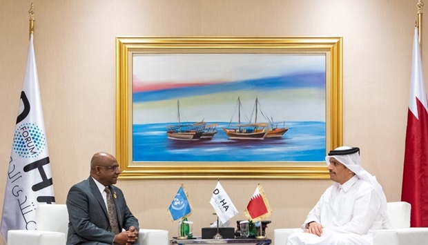 HE the Deputy Prime Minister and Minister of Foreign Affairs Sheikh Mohammed bin Abdulrahman Al-Thani meets with the President of the 76th Session of the United Nations General Assembly Abdulla Shahid