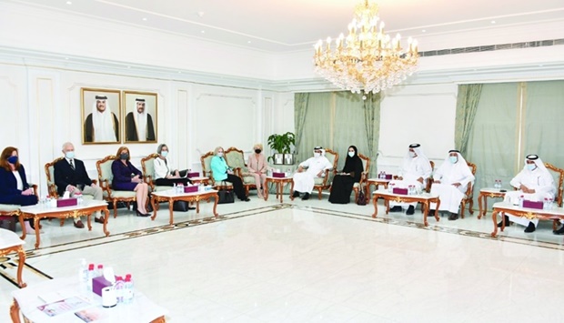 Qatar Chamber chairman Sheikh Khalifa bin Jassim al-Thani in a meeting with a high-level US delegation headed by former US Representative Jane Harman.