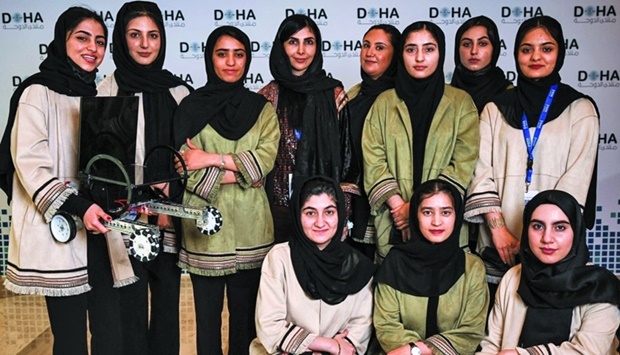 Members of the Afghan Girls Robotics Team posing at the Doha Forum Saturday.
