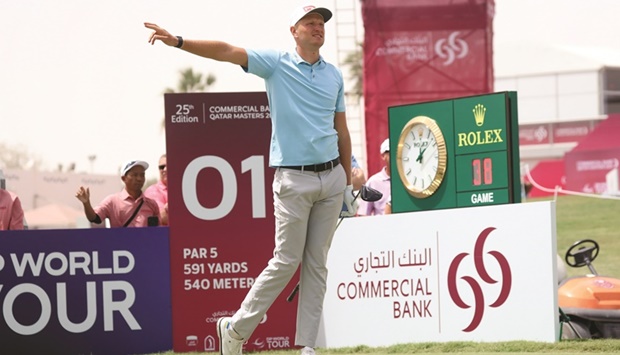  Polandu2019s Adrian Meronk gestures during the third round of the Commercial Bank Qatar Masters. 