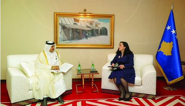 Qatar Chamber chairman Sheikh Khalifa bin Jassim al-Thani during a meeting with Kosovu2019s president, Dr Vjosa Osmani, on the sidelines of the Doha Forum