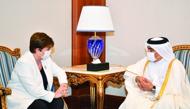 HE the Minister of Finance Ali bin Ahmed al-Kuwari met Sunday with the IMF managing director Kristalina Georgieva, on the sidelines of her participation in the Doha Forum 2022. The meeting dealt with reviewing the latest developments as well as the economic challenges the world is facing at the regional and international levels.