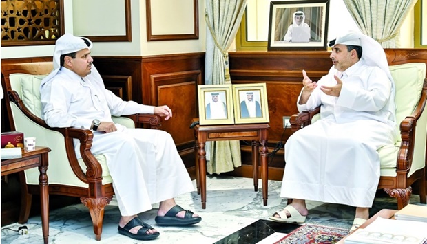HE the Minister of Municipality Dr Abdulla bin Abdulaziz bin Turki al-Subaie (right) speaks to Arrayah's Editor- in-Chief Abdulla Ghanim al-Benali al-Mohannadi.