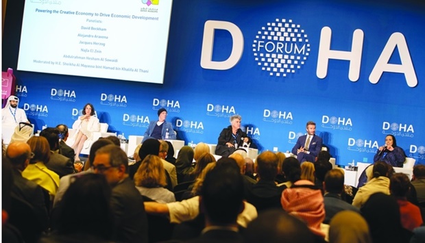 HE Sheikha Al Mayassa bint Hamad bin Khalifa al-Thani moderating a panel discussion at the Doha Forum 2022. Supplied picture