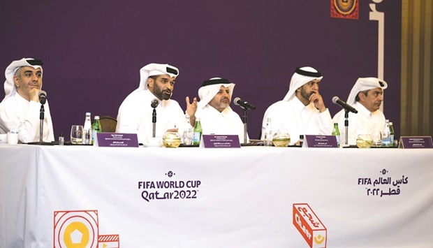 HE Hassan al-Thawadi, the SC Secretary-General, Nasser al-Khater, CEO of FIFA World Cup Qatar 2022 LLC and other top SC officials address the foreign diplomatic corps in Qatar during a briefing on Qataru2019s FIFA World Cup 2022 preparations.