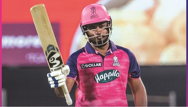Sanju Samson of Rajasthan Royals celebrates his half century against Sunrisers Hyderabad in Mumbai yesterday.