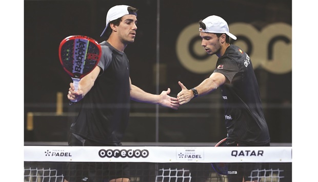 Top seeds from Spain Juan Lebron (left) and Alejandro Galan in action during their Ooredoo Qatar Major 2022 match against Benjamin Tison of Italy and Teodoro Zapata of Spain at the Khalifa International Tennis Complex.