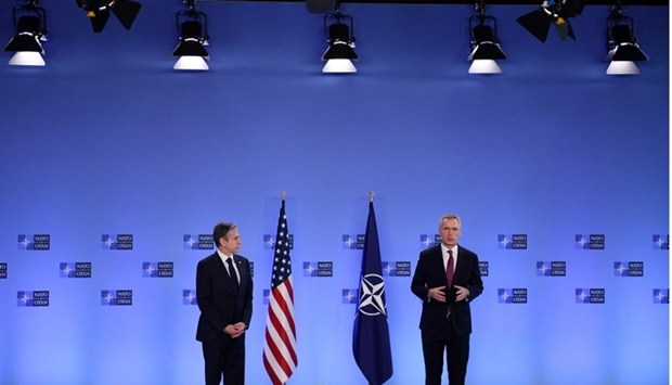 Nato Secretary General Jens Stoltenberg and US Secretary of State Antony Blinken speak during a news conference before a Nato foreign ministers meeting amid Russia's invasion of Ukraine, at the Alliance's headquarters in Brussels, Belgium. Olivier Douliery/Pool via REUTERS