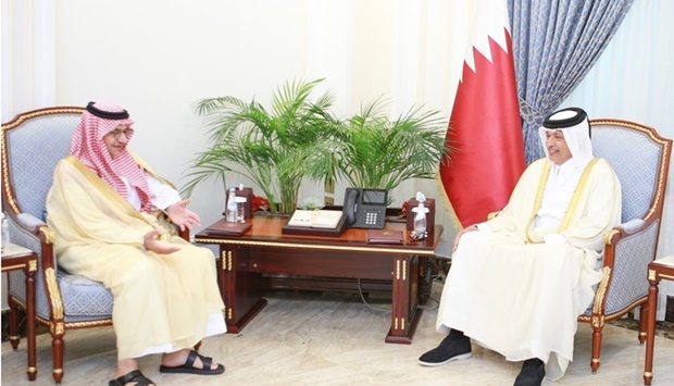 HE the Speaker of the Shura Council Hassan bin Abdullah Al Ghanem meets with the Ambassador of the Kingdom of Saudi Arabia to the State of Qatar Prince Mansour bin Khalid bin Abdullah Al-Farhan Al-Saud.
