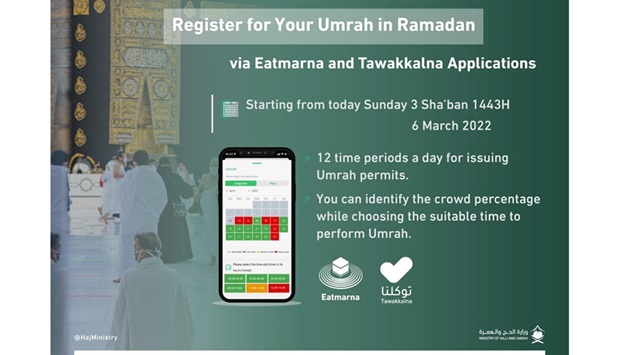 The Saudi Arabia Ministry of Haj and Umrah has announced that issuance of Umrah permits for the holy month of Ramadan is now open through the Eatmarna and Tawakkalna applications.