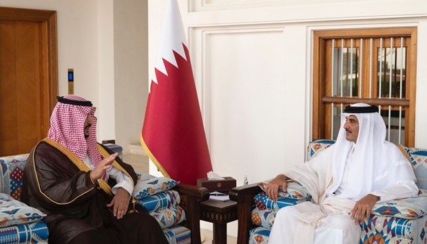 His Highness the Amir Sheikh Tamim bin Hamad Al-Thani meets with the Deputy Minister of Defense of the sisterly Kingdom of Saudi Arabia Prince Khalid bin Salman bin Abdulaziz Al-Saud 
