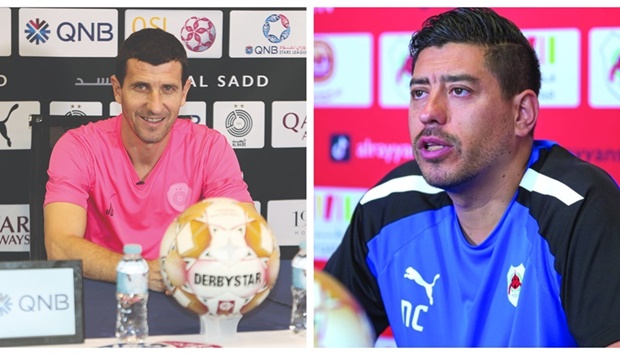 Al Saddu2019s coach Javi Gracia and Al Rayyan coach Nicolas Cordova (right) address the press conference on Monday.