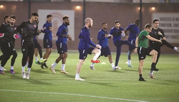 Al Arabi players train on Wednesday, on the eve of their final QNB Stars League match against Umm Salal.