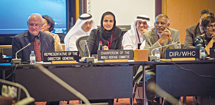 Qatar Museums chairperson HE Sheikha Al-Mayassa bint Hamad al-Thani attends a conference of the World Heritage Committee in Doha yesterday.