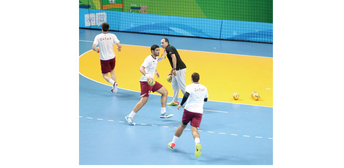 Qatar handball players during a practice session yesterday, ahead of today's semi-final clash against Egypt.