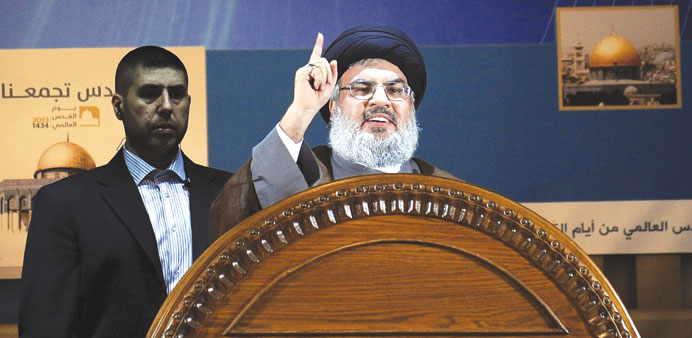 Nasrallah speaks in Beirut yesterday.