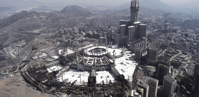An aerial view of the Grand Mosque in the holy city of Makkah and the clock tower.