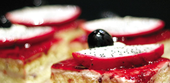 Dragon fruit and cherry slice.