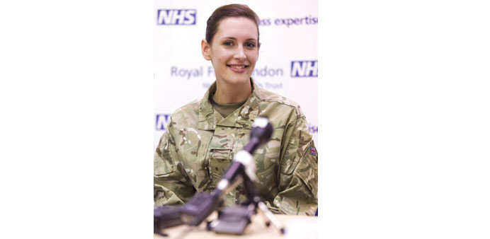 Corporal Anna Cross holds a press conference at the Royal Free Hospital in London yesterday. 