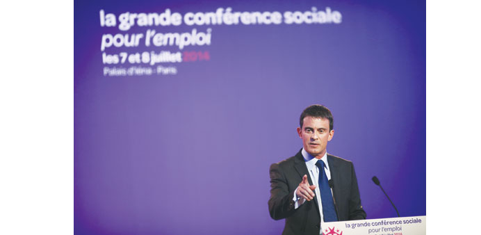 Valls delivering a speech at the Social Conference, a two-day conference to discuss economic reform plans with labour unions and workers, in Paris.