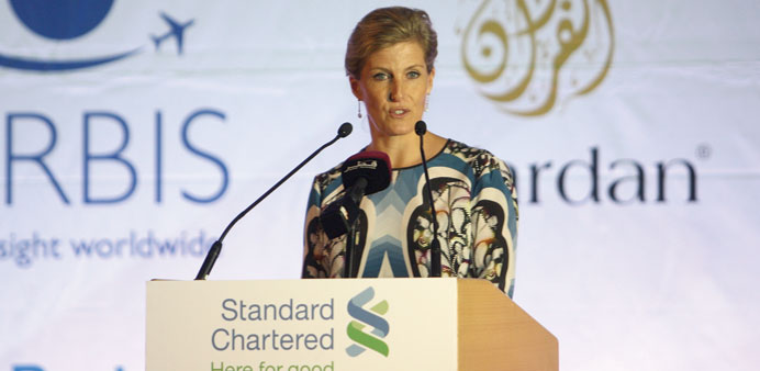 Sophie, Countess of Wessex, speaking during the charity auction held yesterday at Katara.