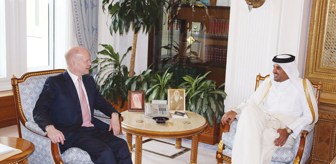 HH the Deputy Emir and Heir Apparent Sheikh Tamim bin Hamad al-Thani meeting with UK Foreign Secretary William Hague yesterday.