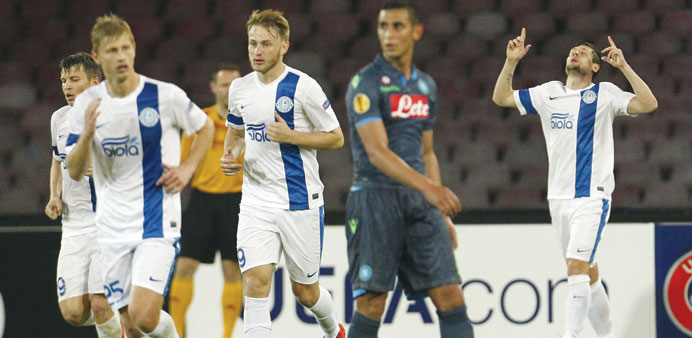 Dniprou2019s Yevhen Seleznev (right) celebrates after scoring against Napoli during their Europa League semi-final first leg.