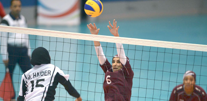 Action from the volleyball match between the UAE (in white) and Qatar (in maroon) at the GCC Womenu2019s Games in Manama.