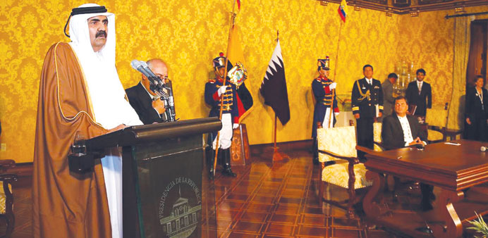 HH the Emir Sheikh Hamad bin Khalifa al-Thani delivering his speech in the presence of Ecuadorian President Rafael Correa in Quito on Saturday.