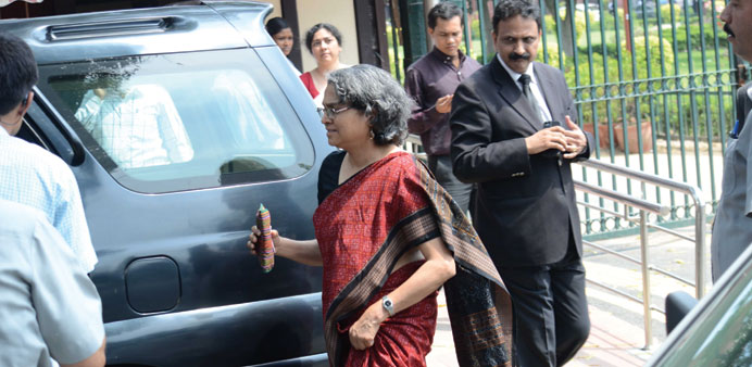 Upinder Singh, the daughter of former prime minister Manmohan Singh, comes out of the Supreme Court in New Delhi yesterday.