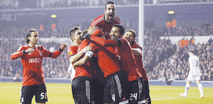 Benfica players celebrate after their win over Tottenham Hotspur in the UEFA Europa League in London. (EPA) 