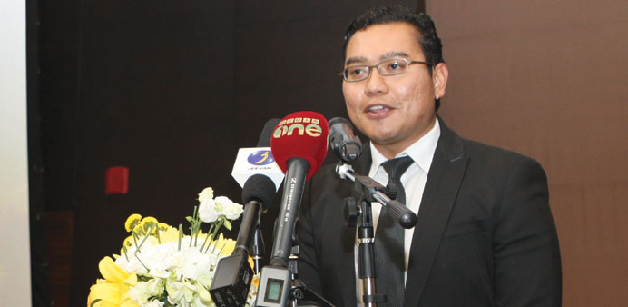 Mohamed Hafez Marican speaking at a press conference in Doha yesterday.