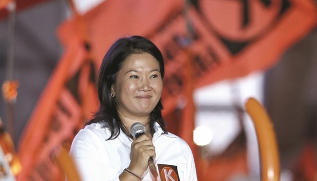 Peruu2019s presidential candidate Keiko Fujimori of the u2018Fuerza Popularu2019 party gives a speech during her closing campaign meeting in Lima on Thursday night.