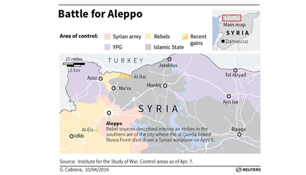 Syrian government forces and their allies battled insurgents including al Qaeda fighters in fierce clashes near Aleppo late on Saturday, the Syrian Observatory of Human Rights said.