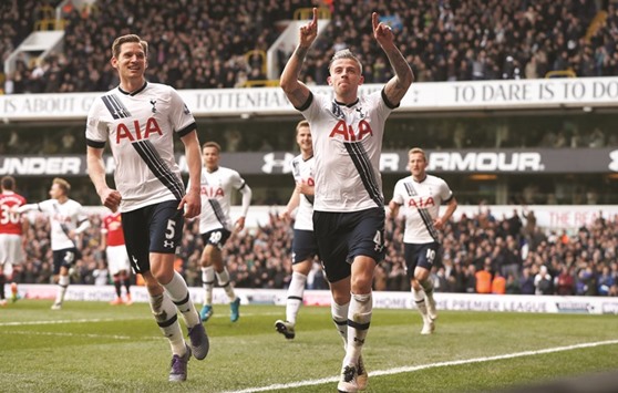 Toby Alderweireld celebrates after scoring the second goal for Tottenham against Manchester United yesterday.