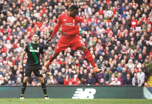 Divock Origi scores the third goal for Liverpool yesterday.