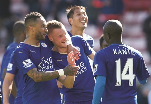 Leicesteru2019s Jamie Vardy celebrates at the end of the match.