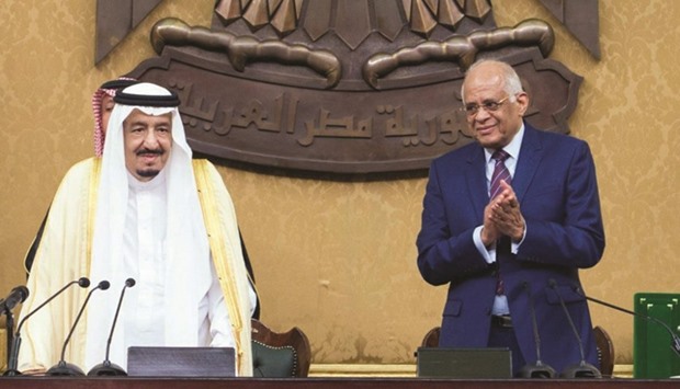Custodian of the Two Holy Mosques King Salman of Saudi Arabia and Egyptu2019s Parliament Speaker, Ali Abdel-Aal, addressing the parliament in Cairo yesterday.
