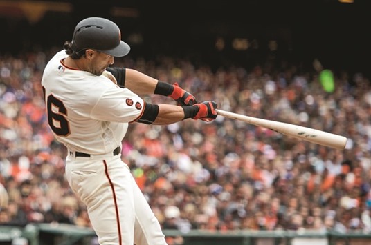 San Francisco Giants left fielder Angel Pagan hits a solo home run during the fourth inning against Los Angeles Dodgers at AT&T Park. PICTURE: USA TODAY Sports